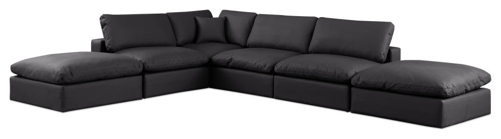 Comfy Upholstered L-Shaped Modular Sectional, Black, 6-Piece: 3 Armless Chair, 1 Corner Chair, 2 Ottoman, Vegan Leather