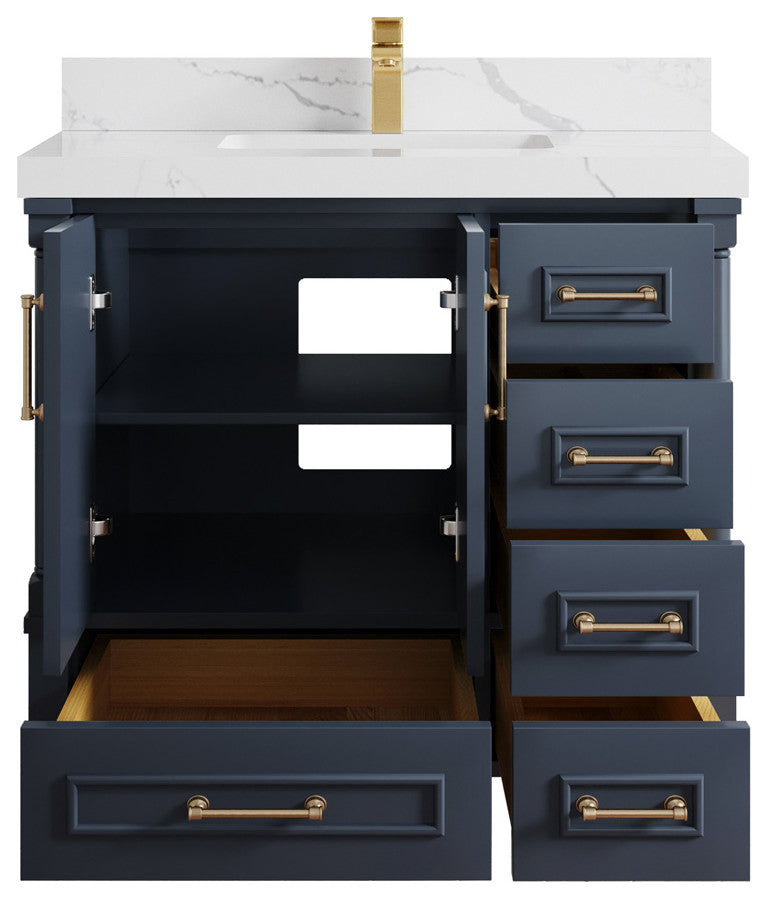 Aberdeen 36 Center Sink Bath Vanity in Hale Navy Blue  2" Calacatta Laza