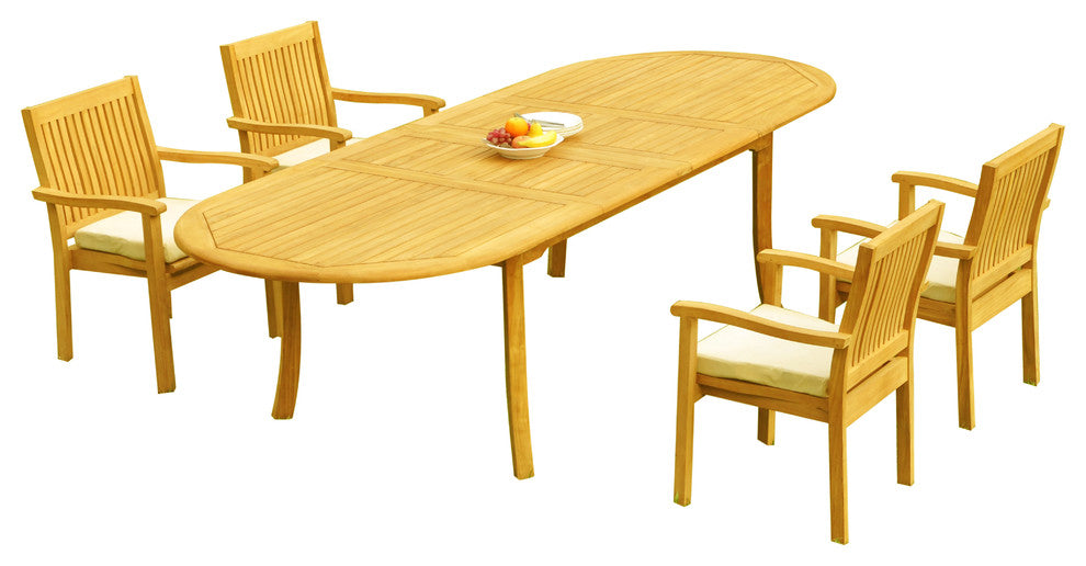 5-Piece Outdoor Teak Dining Set: 117" Oval Table, 4 Leveb Stacking Arm Chairs