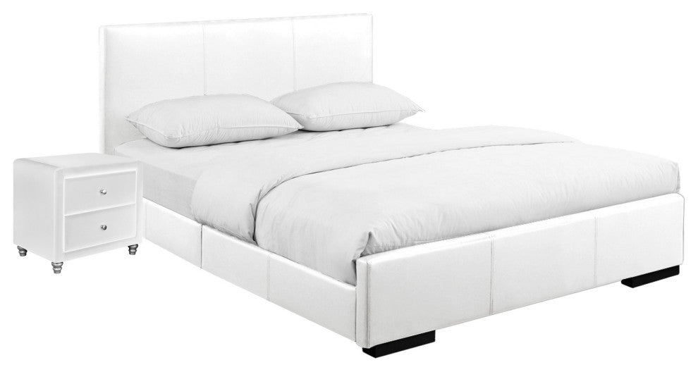 White Upholstered Twin Platform Bed With Nightstand