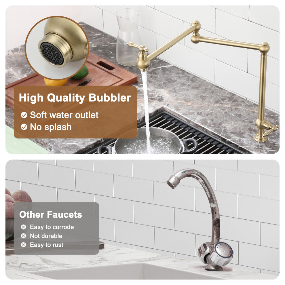 Deck-Mounted Double Handle Pot Filler Kitchen Faucet Stove Faucet, Brushed Gold