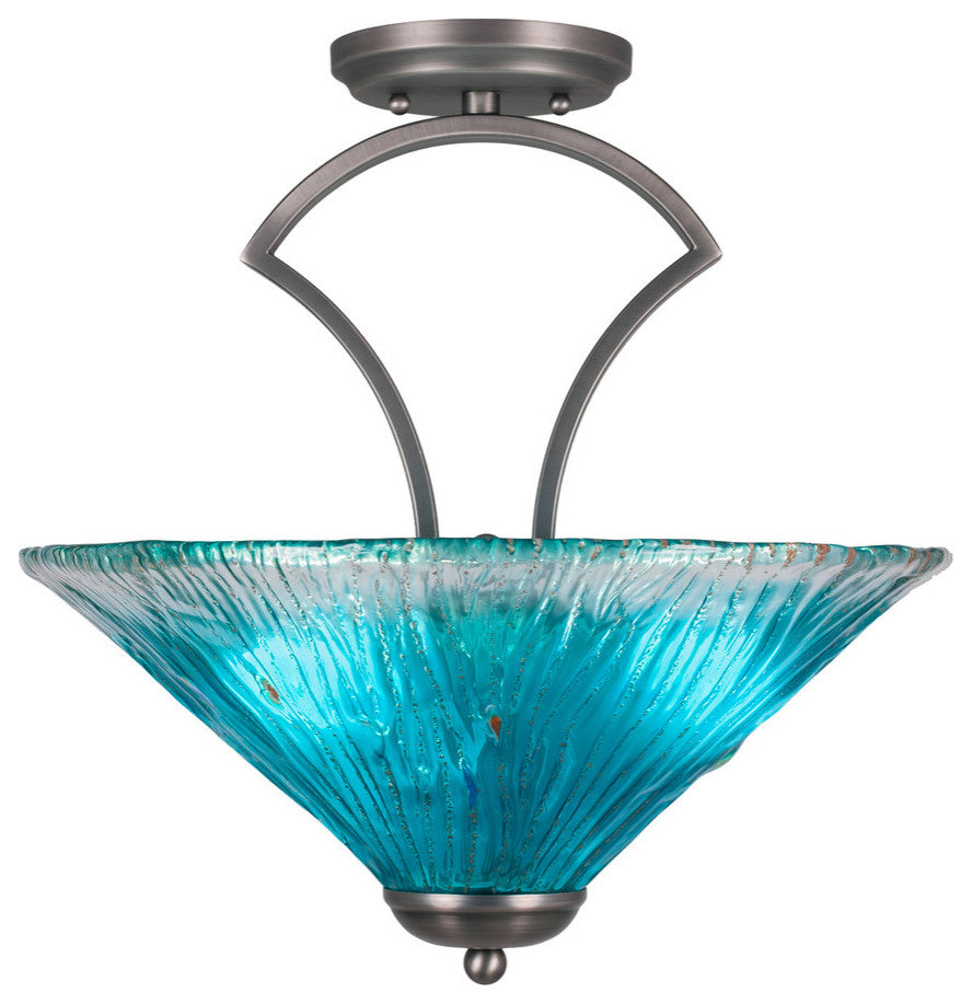 Zilo Semi Flush With 3 Bulbs, Graphite Finish With 16" Teal Crystal Glass