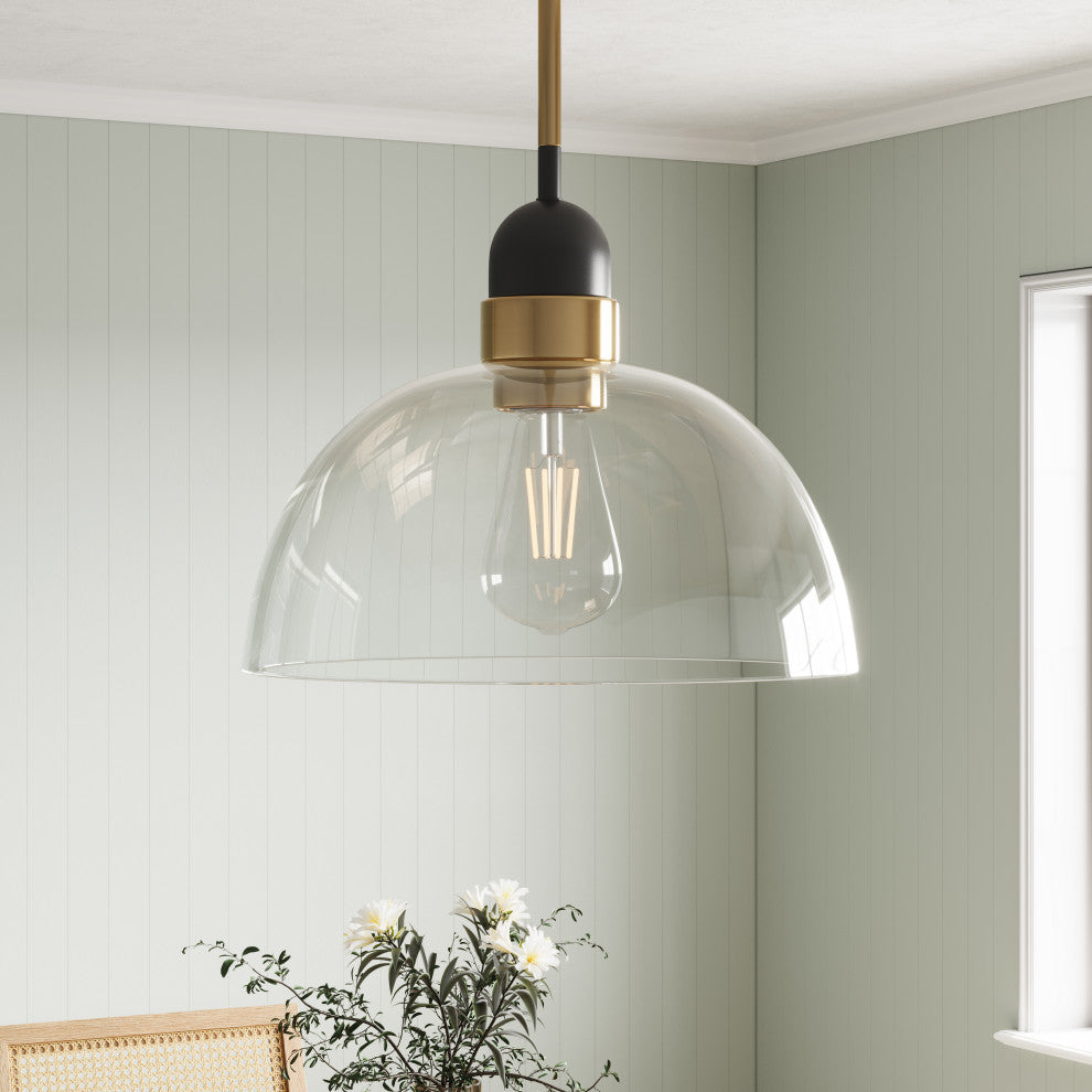 Industrial Matte Black Glass Shade Pendant Light With Brass Finish