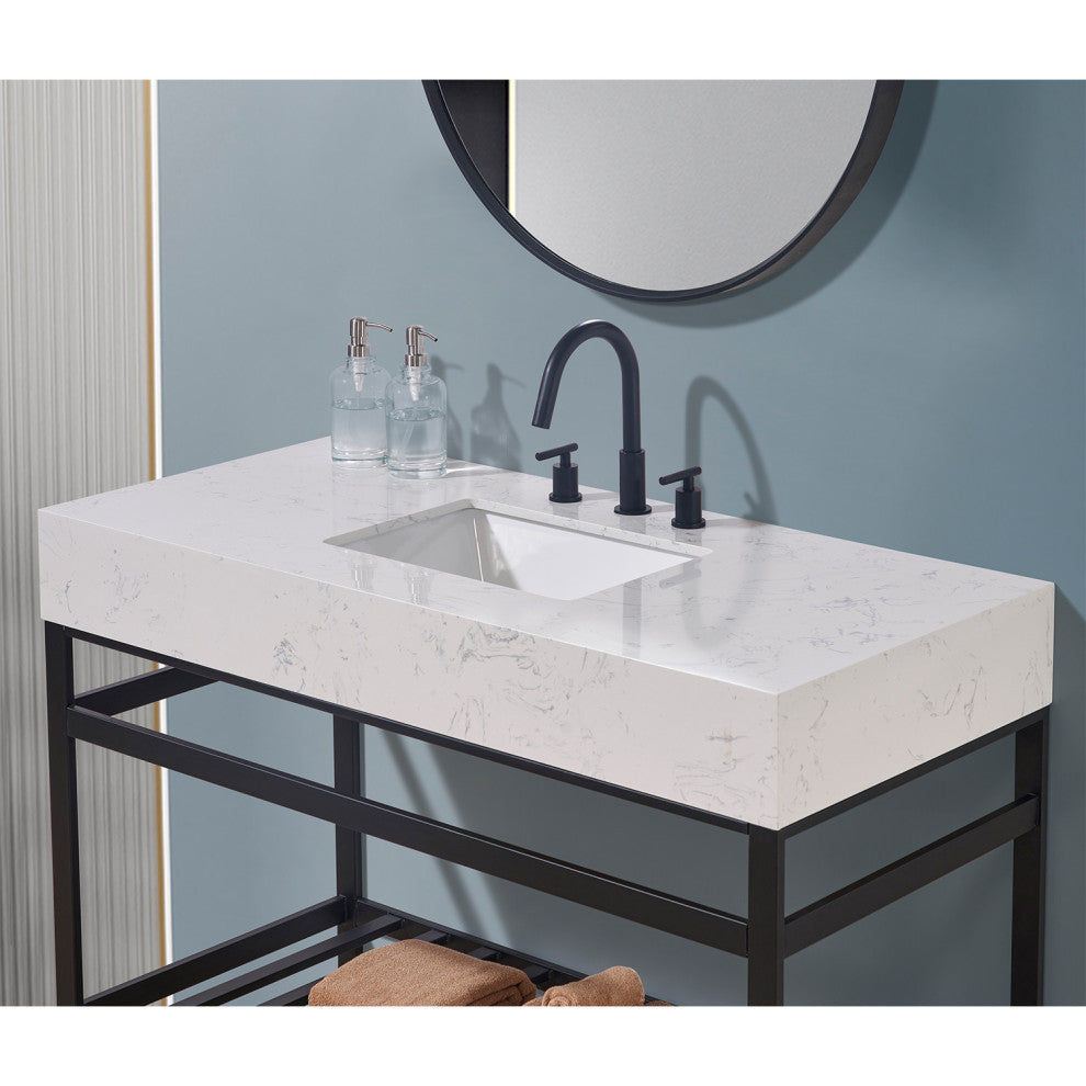 Merano Engineered Stone Vanity Top, Aosta White Apron With White Sink, 48"
