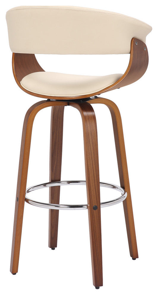 Julyssa Mid-Century Swivel Stool, Faux Leather, Walnut/Cream, Bar Height 30"