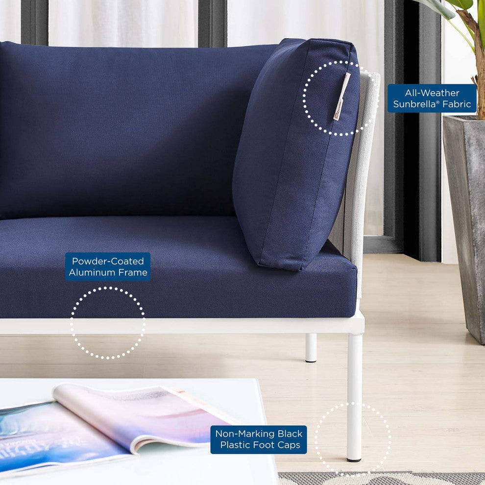 Lounge Sofa, Sunbrella, Aluminum, Metal, White Blue Navy, Modern, Outdoor Patio