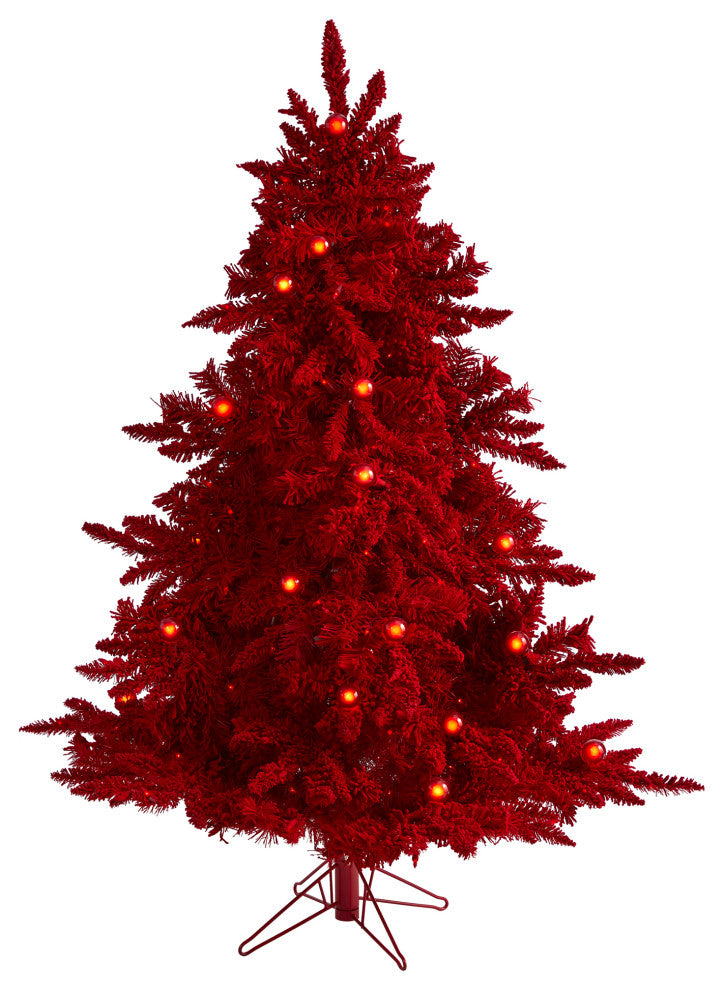 5' Red Flocked Fraser Fir Faux Xmas Tree W/Lights, Globes & Bendable Branches