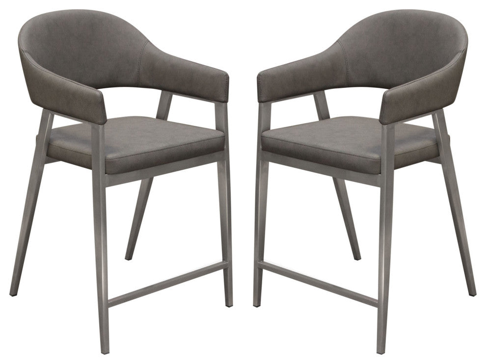 Counter Height Chairs, Set of 2, Gray Leatherette, Brushed Steel Leg