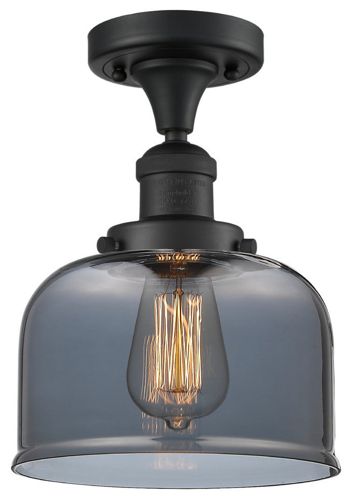 Large Bell 8" Semi-Flush Mount, Matte Black, Glass: Plated Smoked