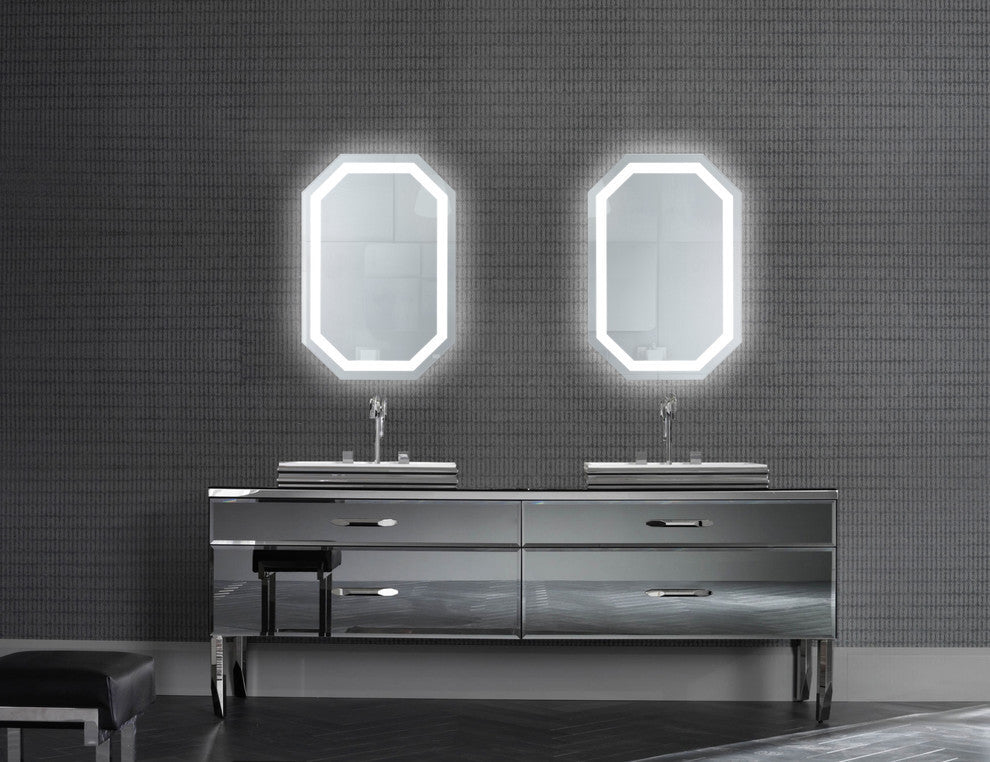 LED Lighted Octagon Wall Mount Bathroom Mirror With Defogger, 20"x30"
