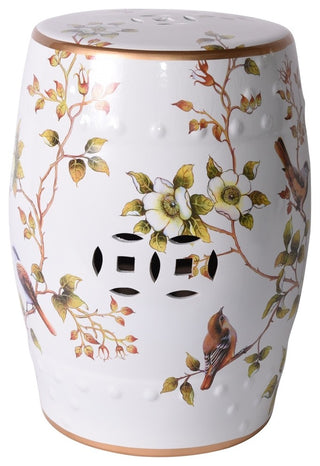 White Garden Stool with Floral and Bird Motif