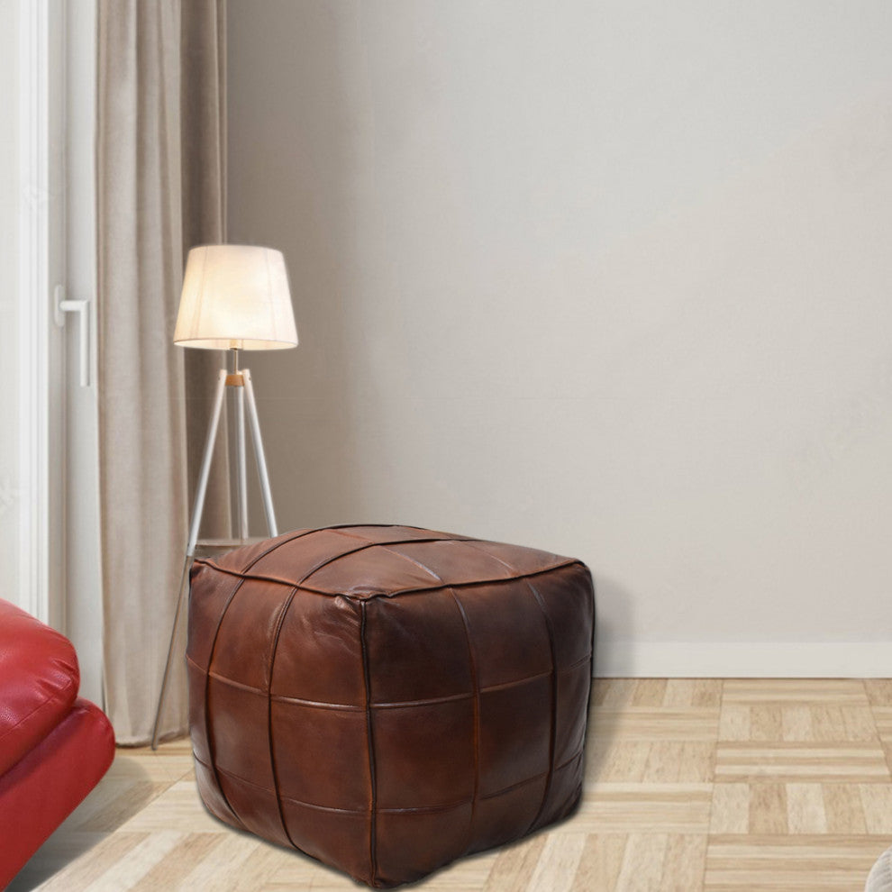 Pouf-Solid Handmade Leather Pouf (Recycled Foam with Fiber Fill), Brown, Square, 16x16x16