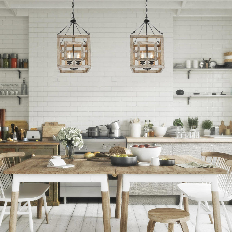 4-Lights Bruched Farmhouse and White Wood Chandelier For Living Room