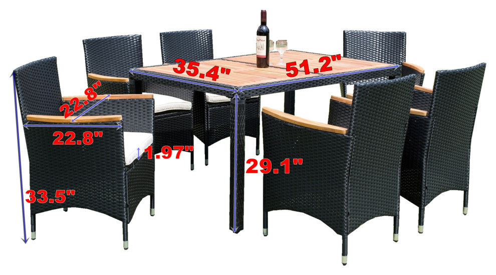 7 Pieces Outdoor Patio Wicker Furniture Dining Table Set With 6 Stools