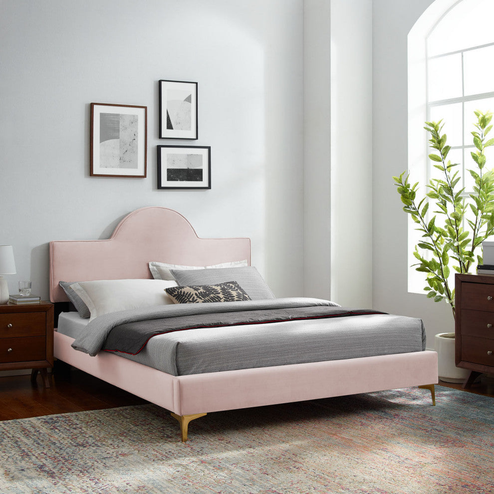 Platform Bed Frame, King Size, Pink, Velvet, Modern, Bedroom Master Guest Suite