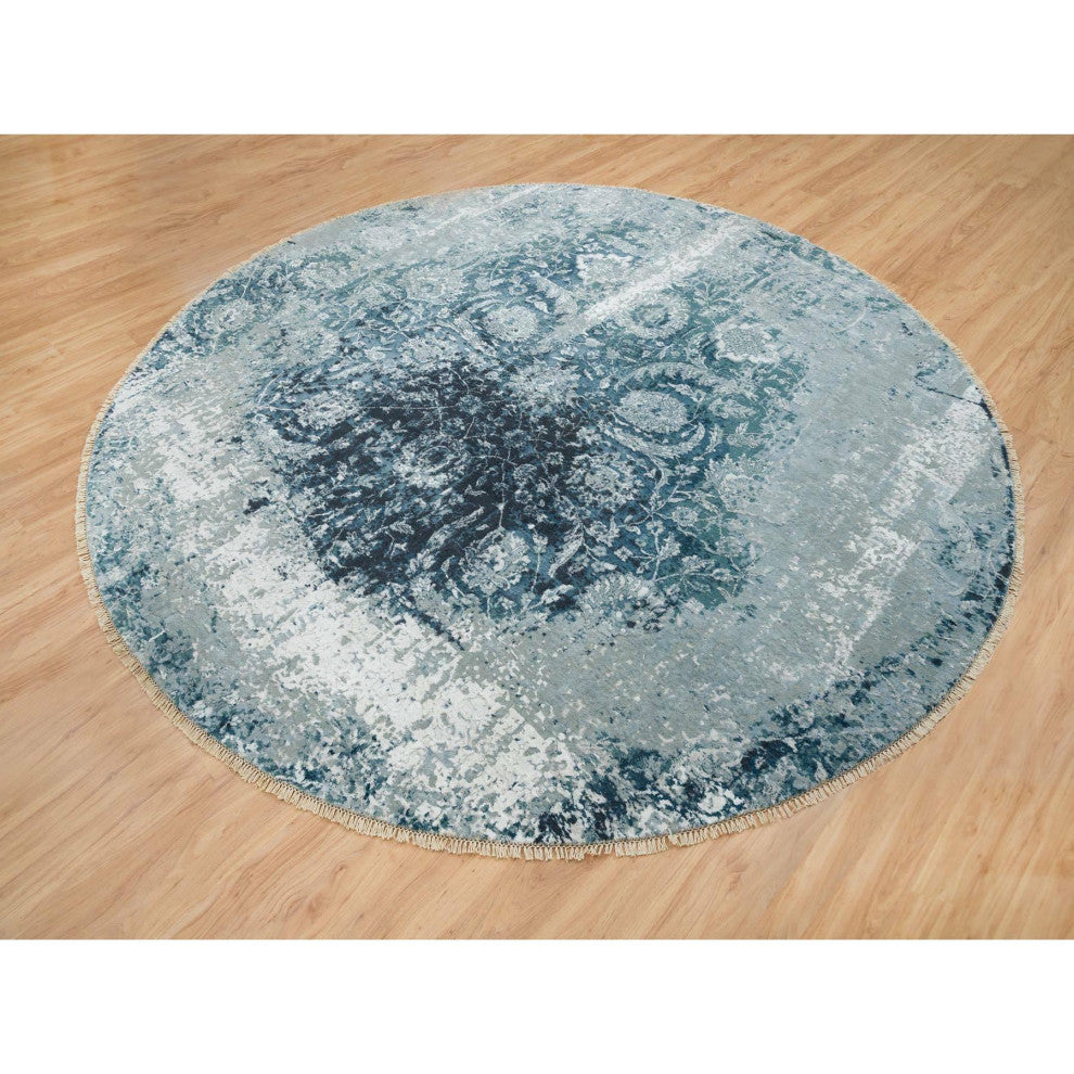 Blue-Teal Farsian Tebraz Wool and Silk Hand Knotted Runner Rug, 9'10"x9'10"