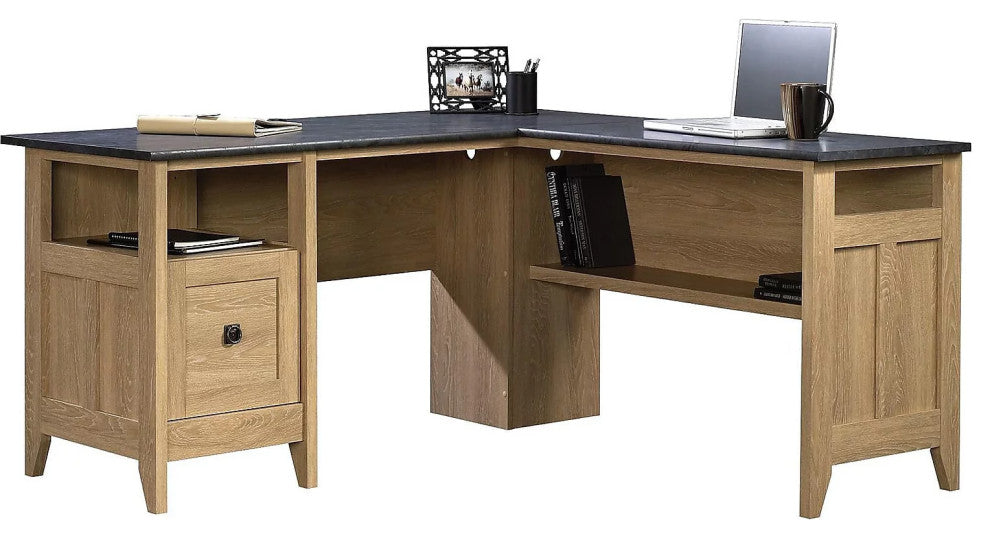 L-Shaped Desk, Large Top With File Drawer & Open Shelf, Dover Oak/Dark Slate