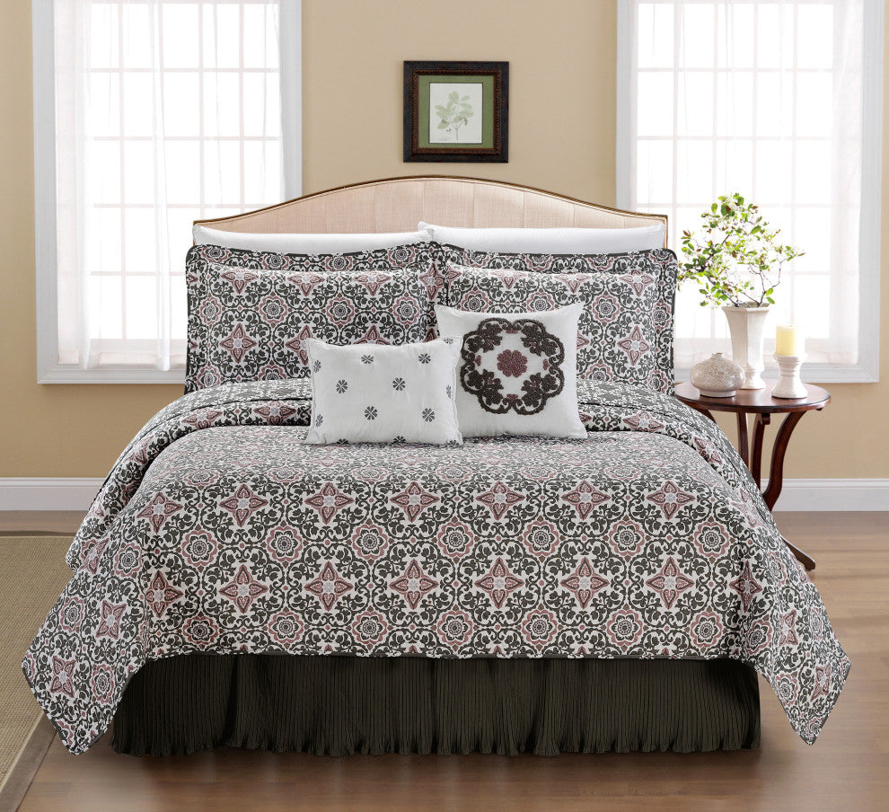 Coventry 6 Piece Quilted Printed Bed Spread Set, Light Purple/Lavendar, King