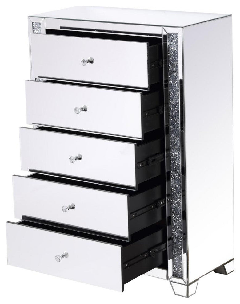 34" Silver Crystal Mirrored Five Drawer Cabinet