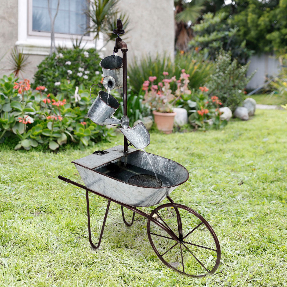 Metal Watering Can Wheelbarrow Fountain