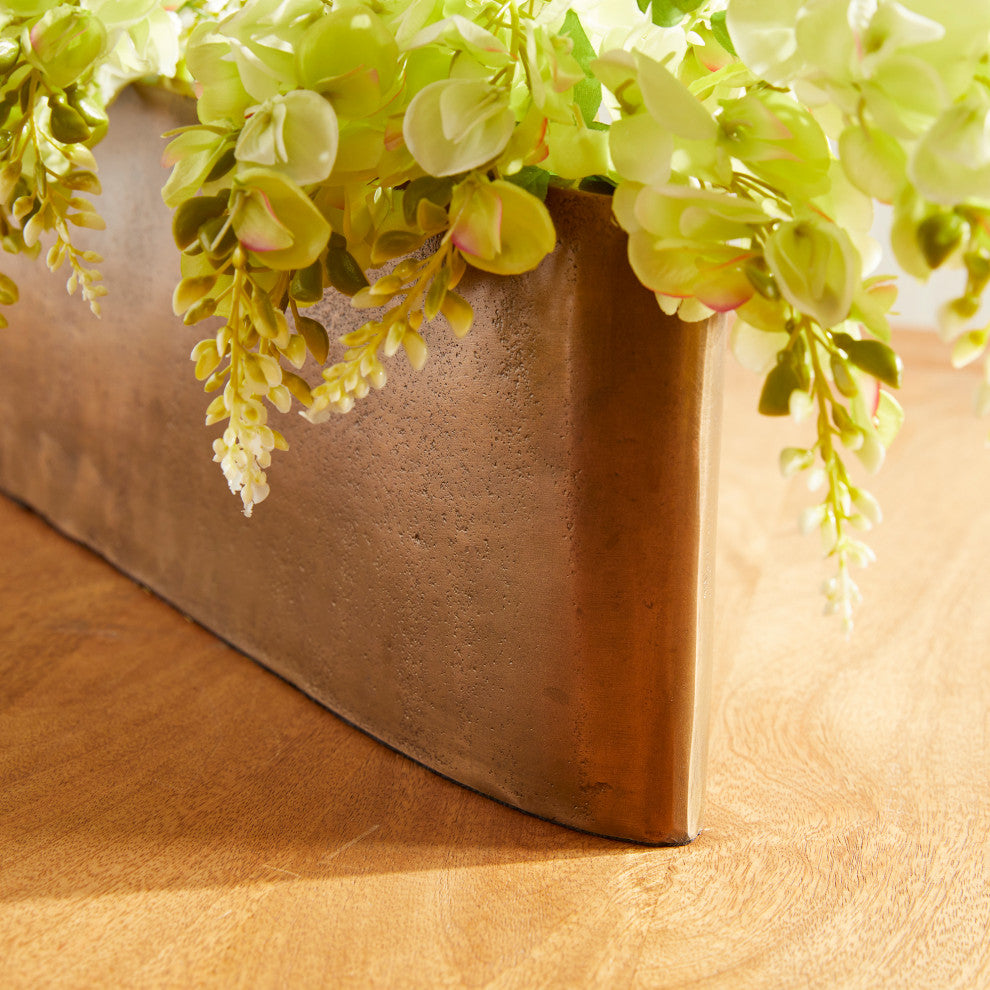 Minimalist Long Narrow Pitted Gold Oval Vase 21 in Wide Centerpiece Modern Brass