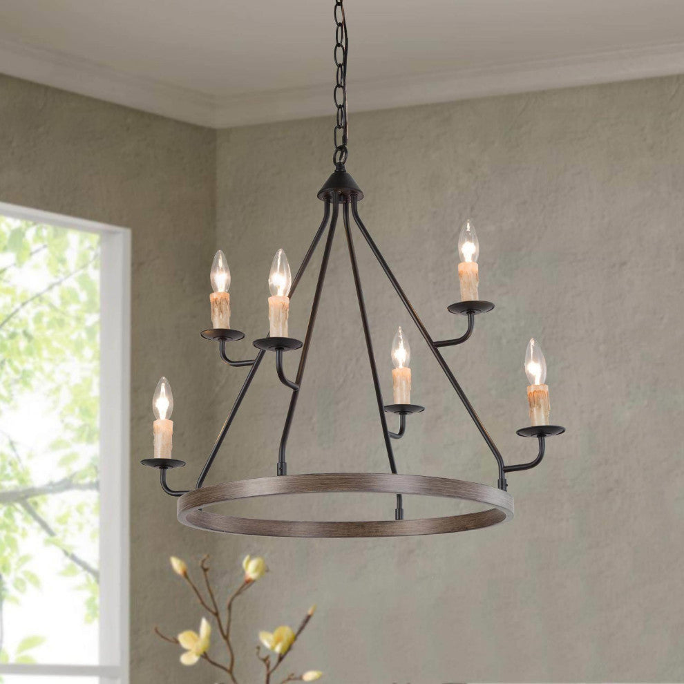 LNC Farmhouse Two-Tired 6-Light Black Wagon Wheel Chandelier
