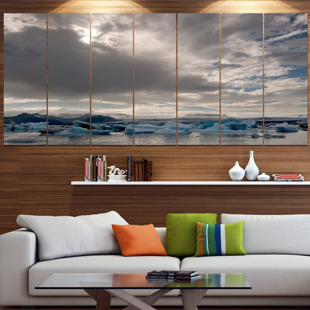 Ice of Jokulsarlon Lagoon, Landscape Canvas Art Print, 83"x32", 7 Panels