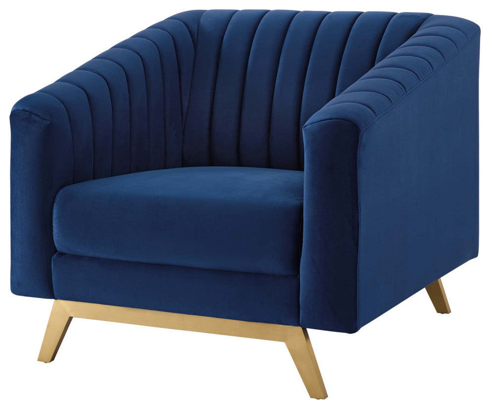 Tufted Armchair and Sofa Set, Velvet, Blue Navy, Modern, Lounge Hospitality