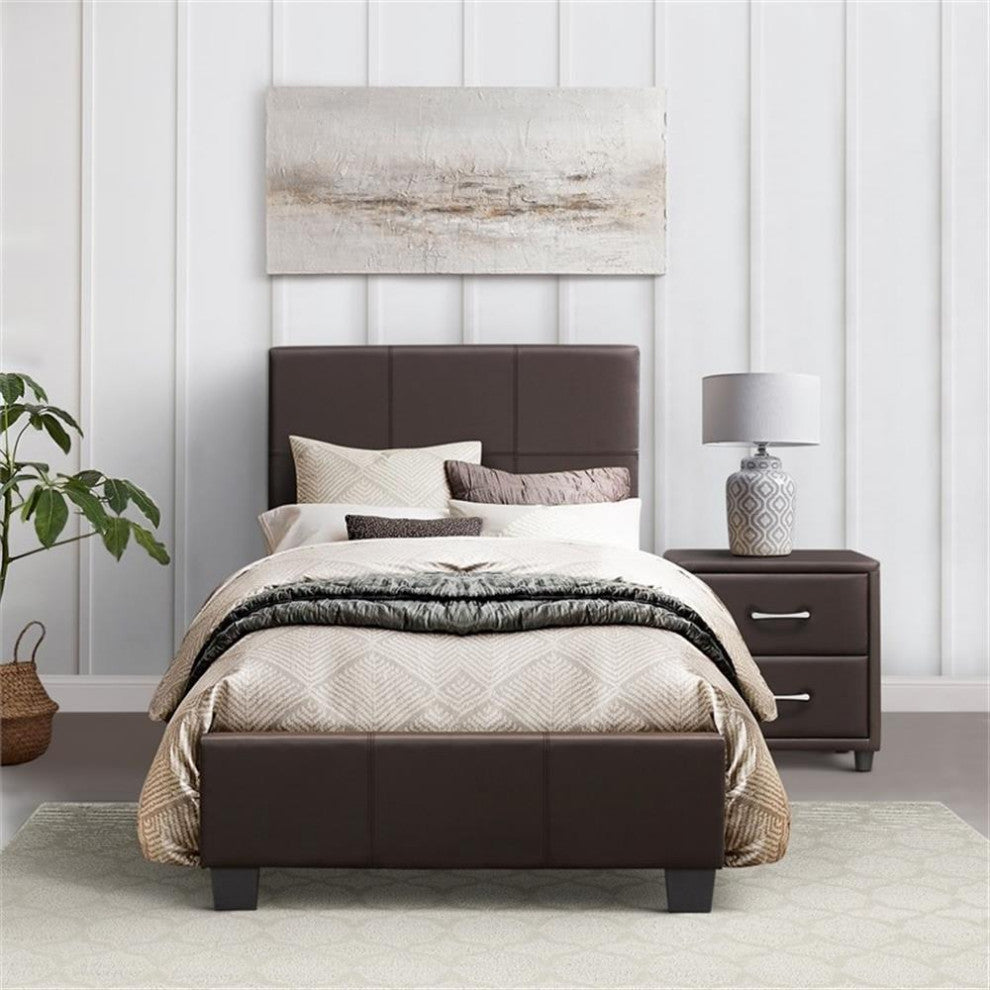 Lexicon Lorenzi Contemporary Wood and Faux Leather Twin Bed in Dark Brown