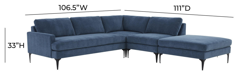 Serena Blue Velvet Large Right Arm Facing Chaise Sectional With Black Legs