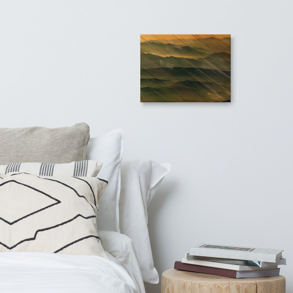 Faux Wood Foggy Mountain Layers at Sunset Landscape Canvas Prints, 12" X 16"