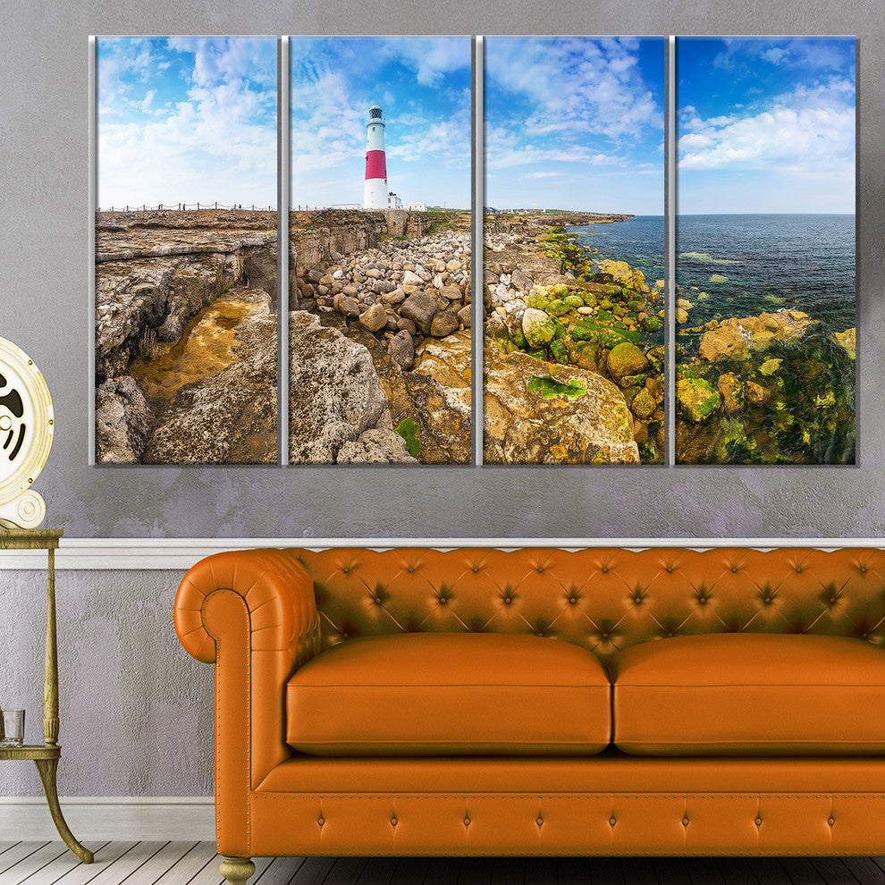 Portland Bill Lighthouse, Landscape Canvas Wall Art, 48"x28", 4 Panels