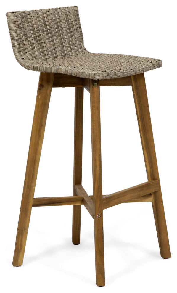 Jessie Outdoor Wood and Wicker Barstool, Set of 4, Light Brown, Teak Finish