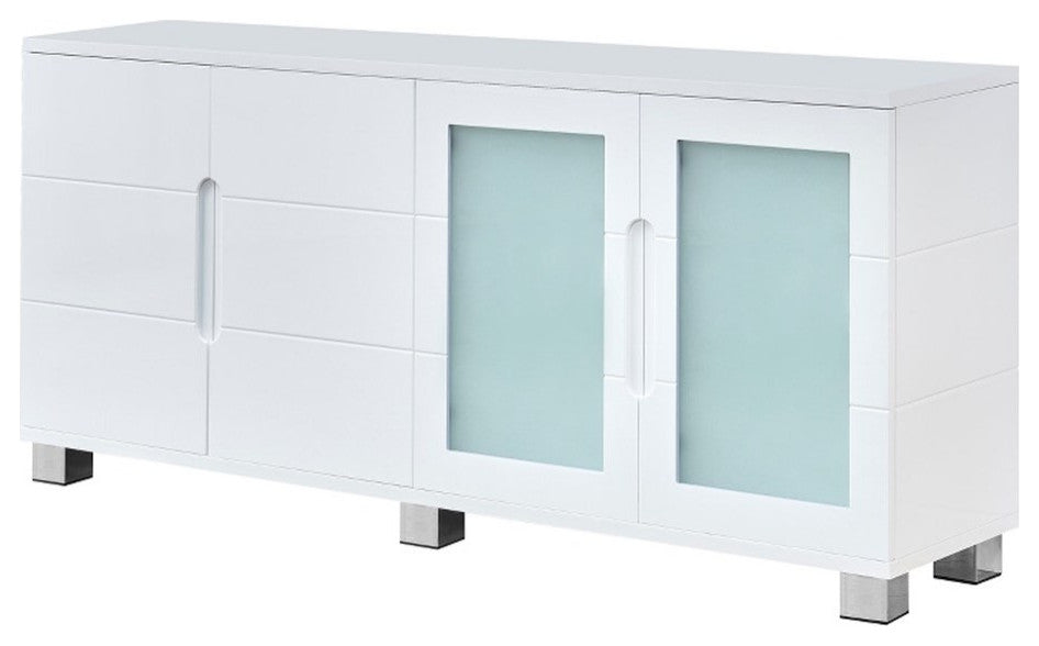 High Gloss White 4 Door Wood Cabinet Server with Frosted Glass Doors