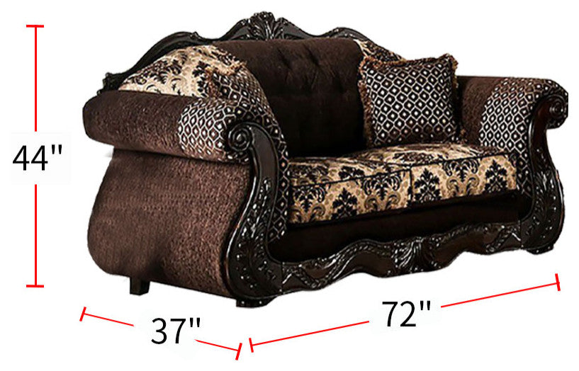 Chenille Love Seat with Button Tufting Design, Dark Brown