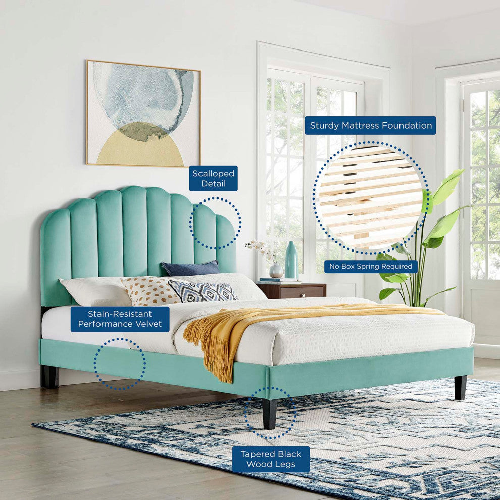 Platform Bed Frame, Queen Size, Blue, Velvet, Modern, Bedroom Guest Suite
