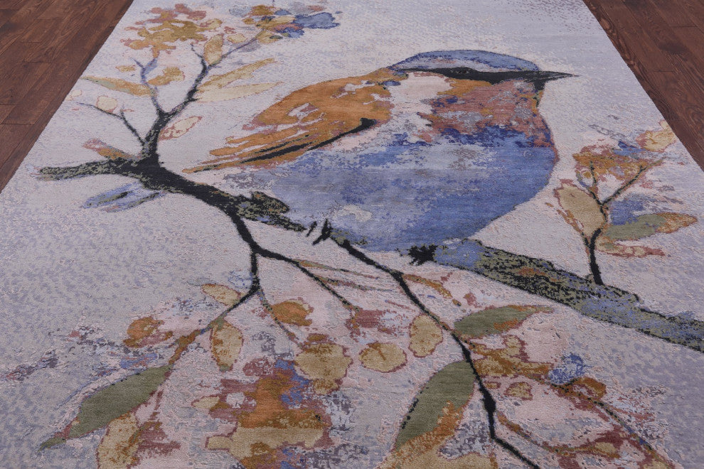 Bird Design Hand-Knotted Wool and Silk Rug 7' 11" X 10' 0" Q8695