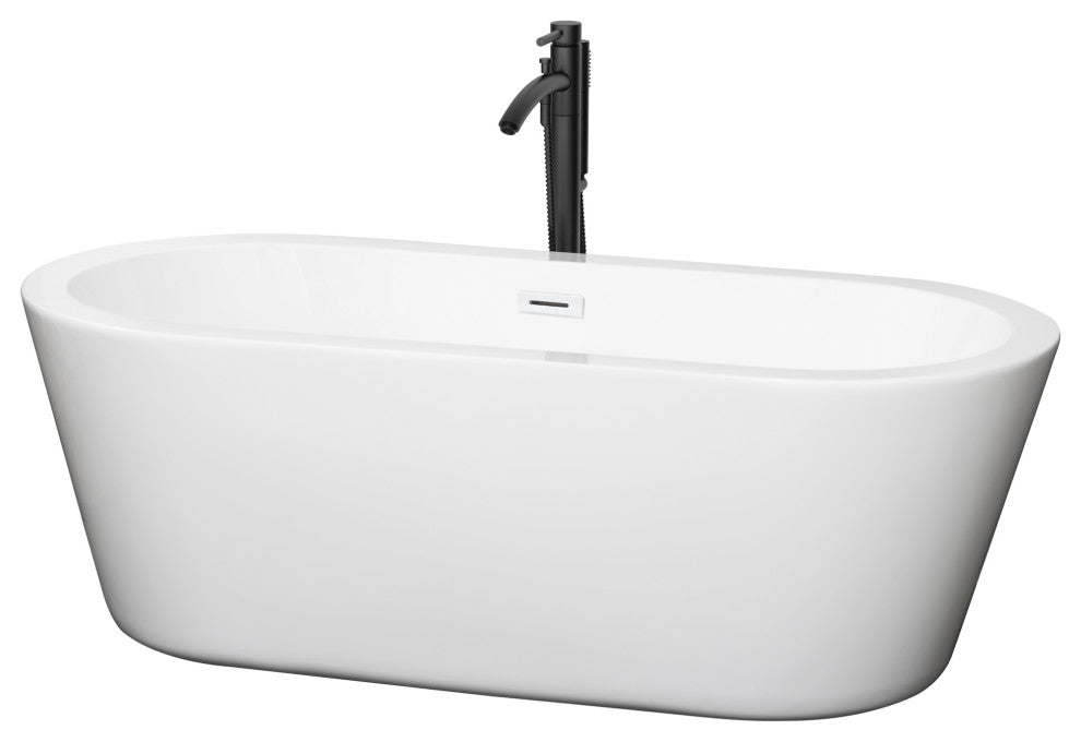67" Freestanding Bathtub, White, White Trim, Floor Mounted Faucet, Black
