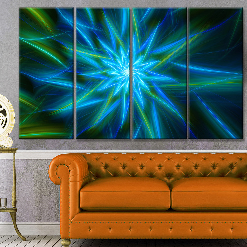 Shining Turquoise Exotic Flower, Floral Canvas Art Print, 48"x28", 4 Panels