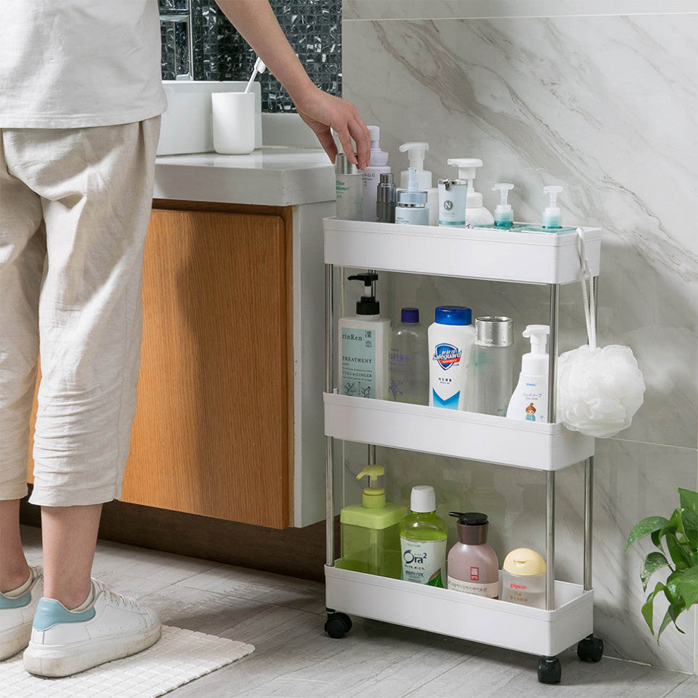 Lifestyle shot: product shown in bathroom/kitchen setting, full view, no overlays.