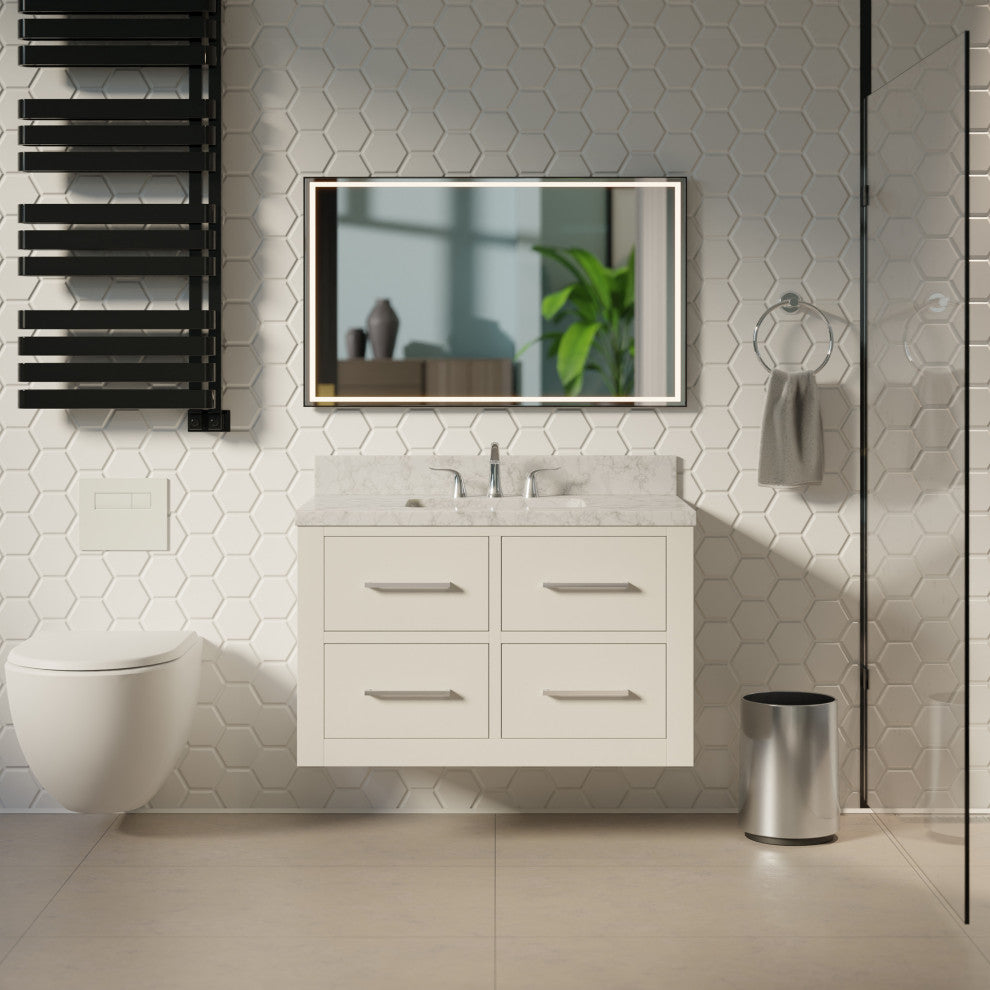 Helsinki 36" Floating Wall Mounted Bathroom Vanity, White, Carrara Marble