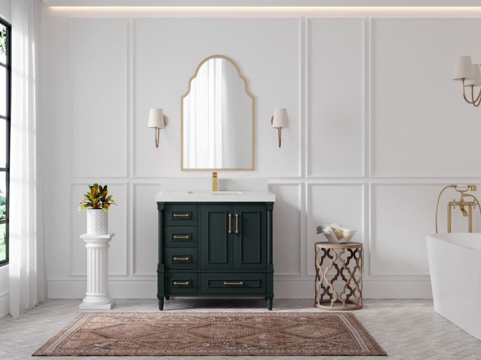 Aberdeen 36 Center Sink Bath Vanity in Dark Forest Green 2" Carrara Quartz