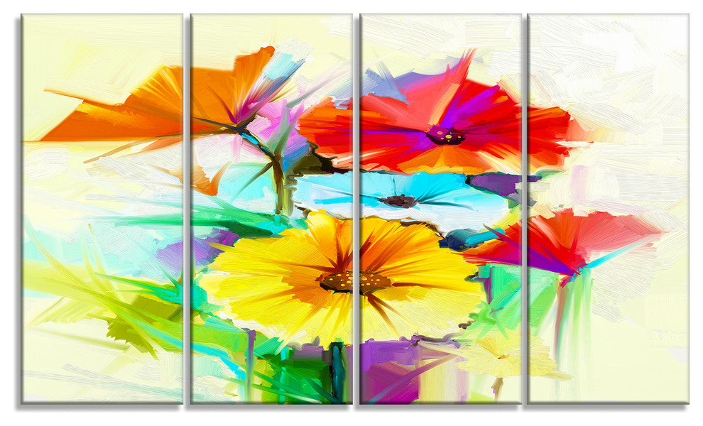 Colorful Gerbera Flower Sketch on White, Floral Canvas Print, 48"x28", 4 Panels