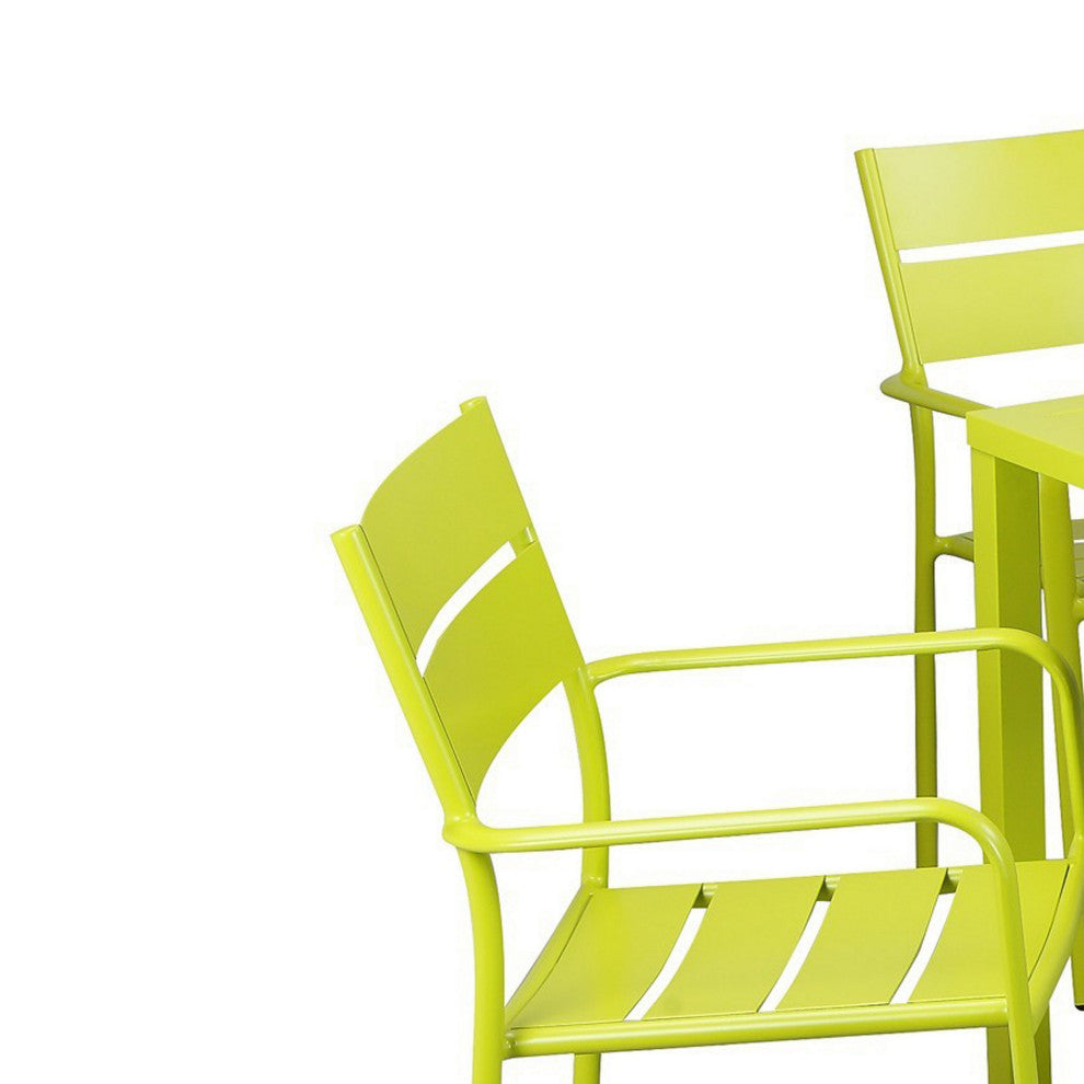 Benzara BM287798 Outdoor Dining Table, Chairs Set, Green, Plank Seat and Backs
