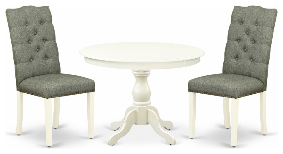3 Pc Dining Set, Linen White Wood Table, 2 Chairs Button Tufted, Linen White