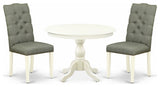 3 Pc Dining Set, Linen White Wood Table, 2 Chairs Button Tufted, Linen White
