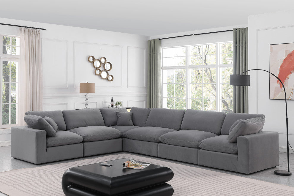 Comfy Upholstered L-Shaped Modular Sectional, Grey, 6-Piece: 3 Armless Chair, 3 Corner Chair, Velvet