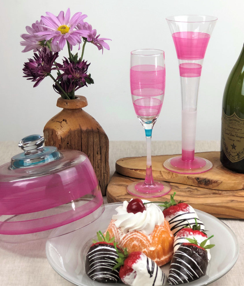 Retro Stripe Pink Hollow Flute Glasses, Set of 2
