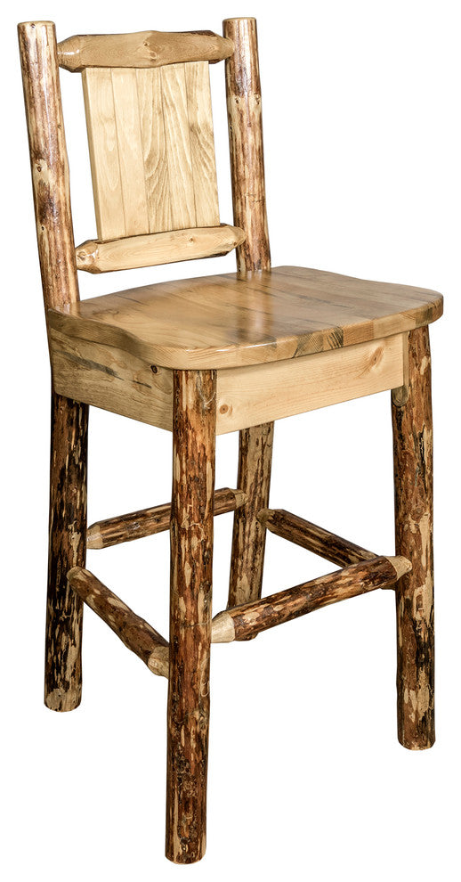 Glacier Country Counter Height Bar Stool With Back, With Laser Engraved Bear