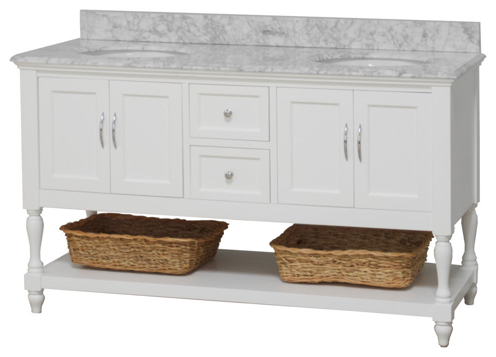 Beverly 60" Bath Vanity, White, Carrara Marble, Double Vanity